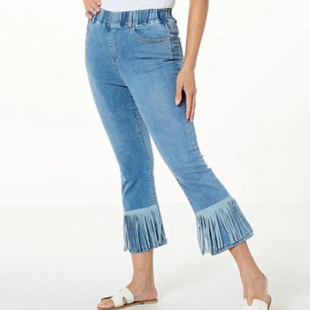Curations X Debbie Denmon White Fringe Crop Pull On Elastic Waist Jeans XS - Picture 1 of 3